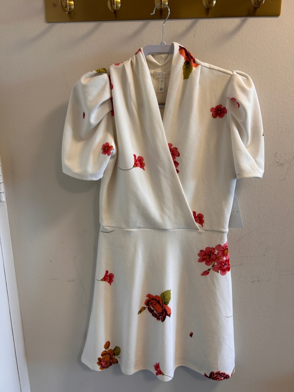 Leith White Wrap-Style Dress with Red and Orange Floral Detail